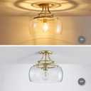 WUZUPS Chandelier Rustic Farmhouse Industrial Round Semi-flushmount Ceiling LED Light Fixture with Clear Glass Shades for Bathroom Kitchen Foyer Entryway, H 11.8" x W 13.4", E26 Base, Gold