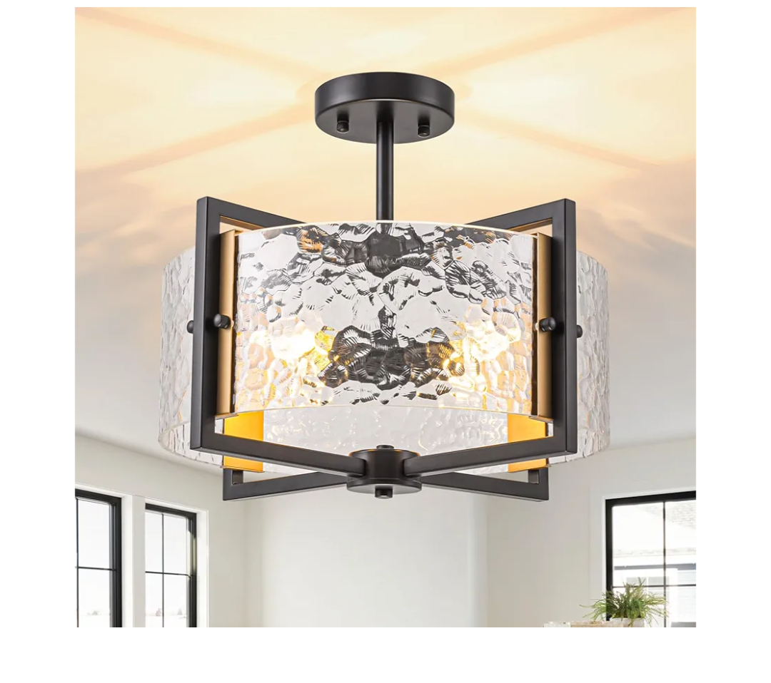 15.74" Black and Gold Semi Flush Mount Ceiling Light Fixture 4-Lights Dining Room Light Fixtures Modern Farmhouse Glass Ceiling Lights Flush Mount for Foyer Hallway Entryway Kitchen E12
