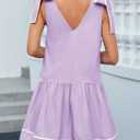 Wenrine Womens Summer V Neck Mini Dress Tie Shoulder Sleeveless Contrast Loose Casual Beach Dresses (Small, Light Purple)