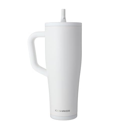 Ice Shaker 40 oz Tumbler with Handle and Straw | 40oz White | Cold for 30+ Hours | 2-in-1 Tumbler Shaker Bottle | Odor-Free 40 ounce Bottle for Water, Protein Shakes, Smoothies, Cocktails