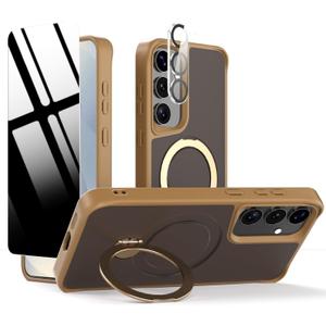 Privacy Case for Samsung Galaxy S25 /S24,360 Rotated Magnetic Ring Stand Phone Case with Privacy Screen Protector & Camera Cover,[Compatible with Magsafe] Shockproof Samsung S 25/S 24 Cover,Desert