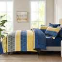 Boho Comforter Set King, 7 Pieces Navy Blue and Yellow Bohemian Bedding