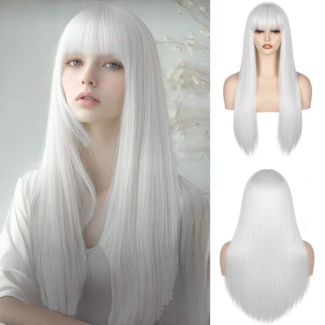 Long Straight White Wig for Women,White Wig with Bangs Heat Resistant Synthetic Womens Hair Wigs for Cosplay Party Halloween