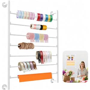 Ribbon Storage Organizer,Wall Mounted Ribbon Holder Rack,7 Tier Large Capacity Metal Ribbon Storage for Craft Room,Flower Shop,Cake Shop,Gift Wrapping Paper,White