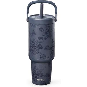 Ello Oasis Go+ 32oz Tumbler with Top Handle and Retracting Straw | Reusable Insulated Stainless Cup, 100% Leakproof Water Bottle, 24 Hours Cold, Cup Holder Friendly For Travel | Porcelain Rose Navy