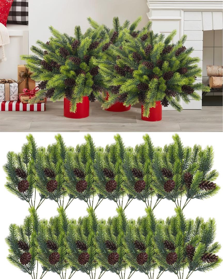 Uieke 12PCS Christmas Artificial Pine Branches- 14Inch Christmas Picks for Crafts Faux Evergreen Pine Sprigs Branches with Pinecone for DIY Christmas Wreath Home Decoration