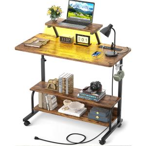 Height Adjustable Standing Desk with Power Outlets and LED Lights - 32" Manual Stand Up Desk with Monitor Stand and Storage Shelves Small Mobile Rolling Computer Desk Portable Laptop Table, Rustic