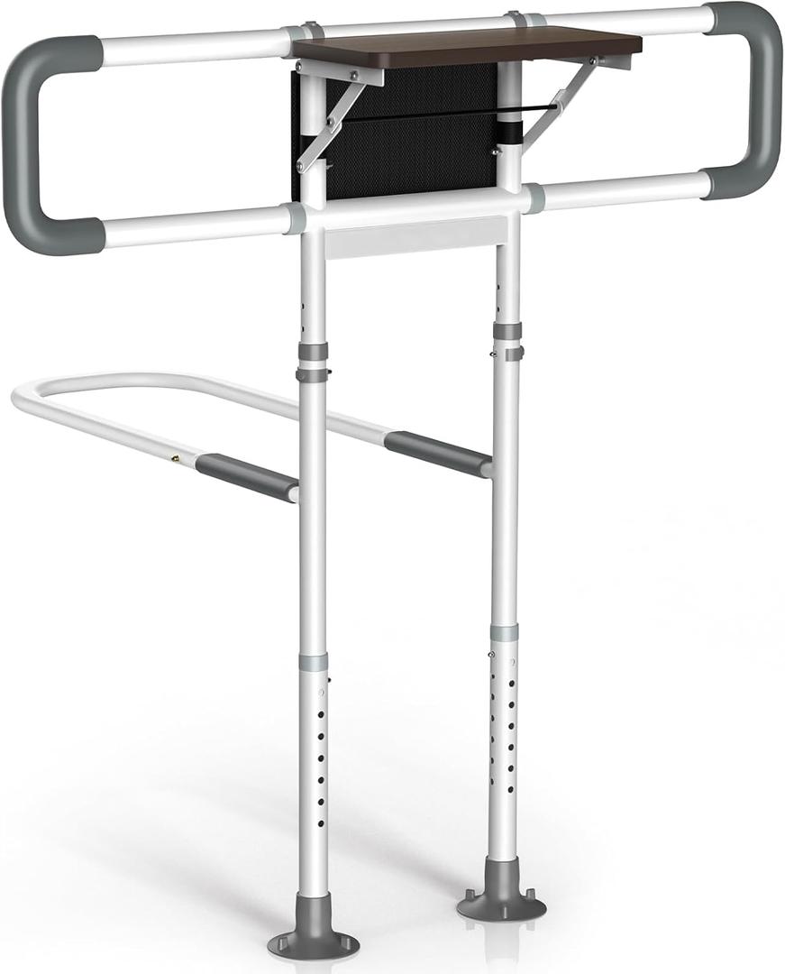 Bed Rails for Elderly Adults Safety with Foldable Side Table, ASTM Approved Adjustable Bed Assist Rail for Seniors, Non-Slip Handle, Storage Pocket, Fits Twin/Full/Queen/King