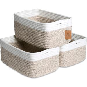 NaturalCozy 13.5x8.5x5.5 Storage Baskets for Shelves 3 Pack | Cotton Rope Woven Small Baskets for Organizing | Small Storage Bins for Nursery, Bathroom, Closet, Cube Shelf, Decorative, Gift (Off White & Mixed Brown)