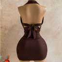 SOLY HUX Women's Halter Deep V Neck Sparkly Mini Dress Party Club Bodycon Dresses (Brown, L)