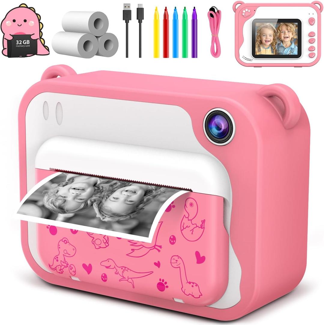 Kids Camera Instant Print 1080p Instant Camera for Kids Aged 3-12 Ink Free Printing Dinosaur Toddler Camera Christmas Birthday Gifts for Boys Girls 3 4 5 6 9 8 9 10 11 12 Years Old (Pink)