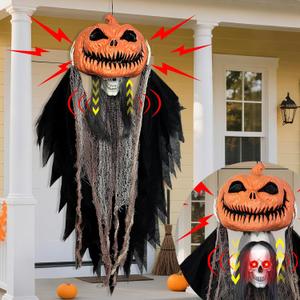 Sound Activated 39" Halloween Animatronics Pumpkin Ghost with Rising and Falling Skull, Red LED Eyes & Scary Sounds, Spooky Halloween Decorations for Haunted House Outdoor Porch Yard Display Decor