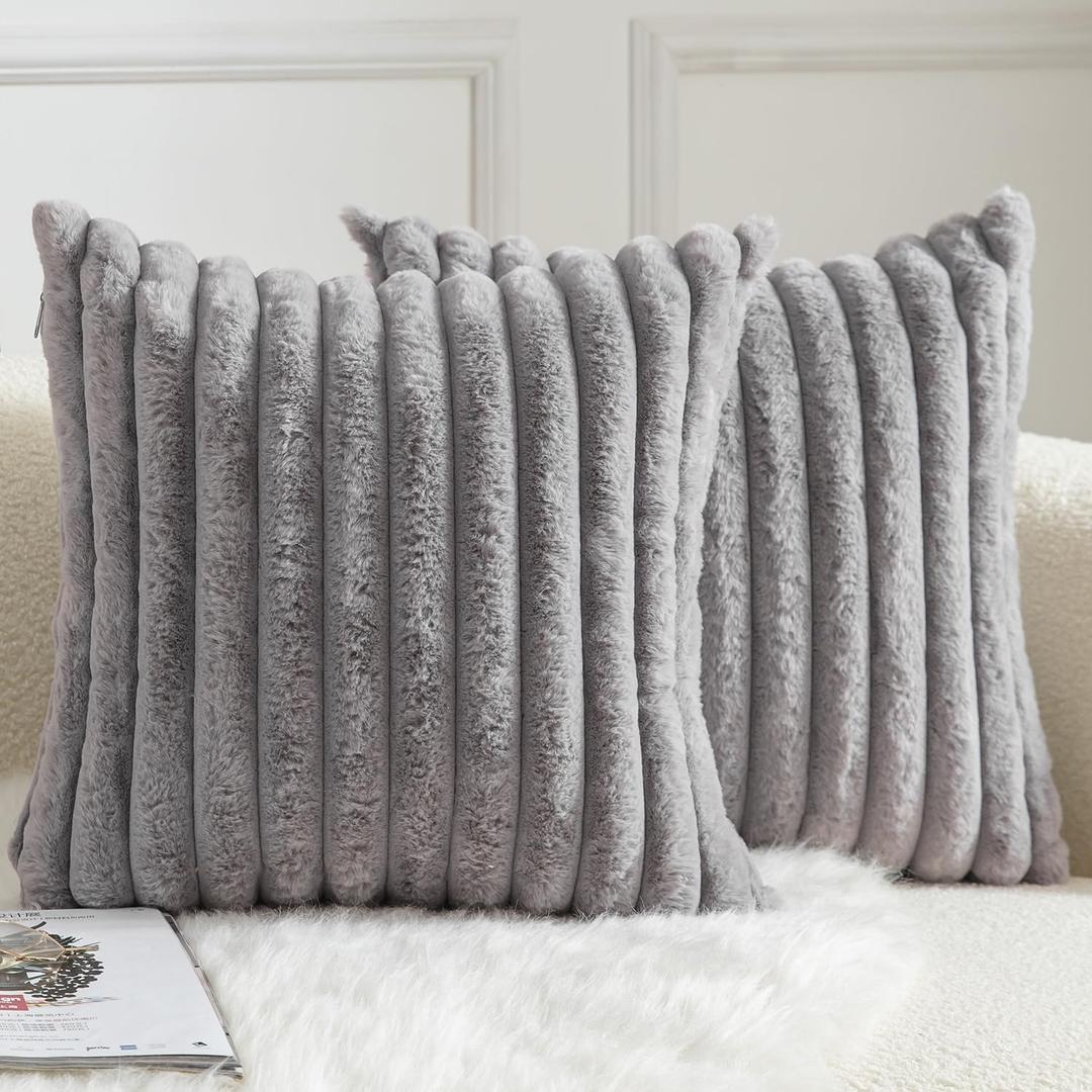 MANDIOO Pack of 2 Decorative Throw Pillow Covers Faux Fur Striped Plush Soft Cushion Covers Pillow Cases Bedroom Living Room Sofa Home 24x24 Inch Grey (24" x 24" (Pack of 2))