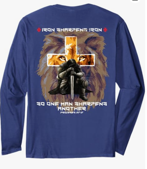 Lion Graphic Cross Bible Verses Cool Christian Back Print Long Sleeve T-Shirt, Blue, Large