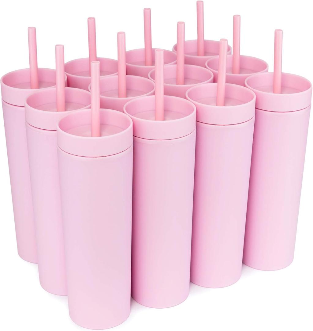 STRATA CUPS Pink Skinny Tumblers with Lids and Straws (12 pack) - 16oz Double Wall Acrylic Tumbler, Tall Matte Skinny Tumblers, Bulk with Free Straw Cleaner, Reusable Cups