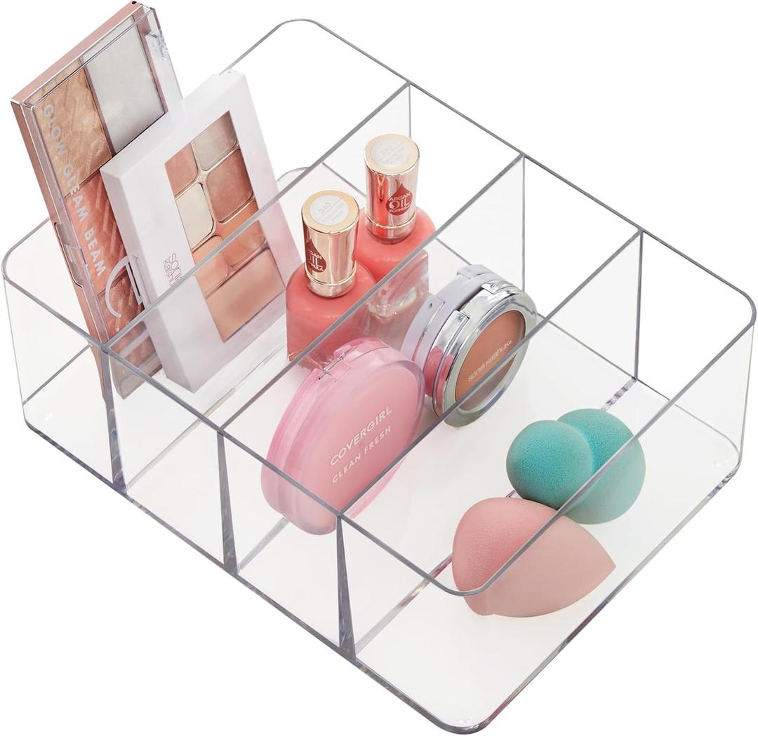 STORi 4-Compartment Clear Plastic Organizer, Rectangular Divided Makeup and Vanity Storage Bin, Use Upright for Eyeshadow Palettes, Made in USA, 3 Pack