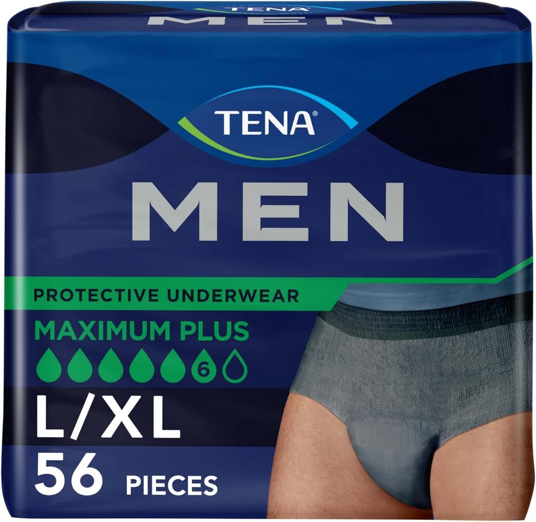 TENA Incontinence Underwear for Men, Maximum Plus Absorbency, Cottony-Soft Fabric, Men's Underwear for Bladder Control, X-Large, 56 ct (Packaging May Vary)
