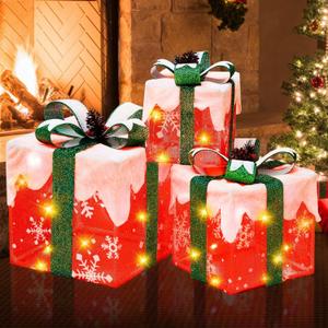 Christmas Lighted Gift Boxes, Set of 3 Pre-lit LED Light Up Present Boxes Outdoor Christmas Decorations Ornaments for Yard Indoor Xmas Tree Decor, Housen Solutions (Red)