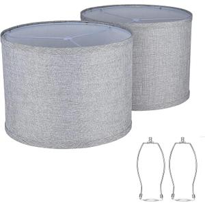 Lamp shades Set of 2,Drum Lampshades 13"x13" x 10" High, Medium Lampshades for Table Lamps Floor Lamps, Natural Linen Hand Crafted, Easy Assembly Required,Gray Lampshade((Spider Fitter)