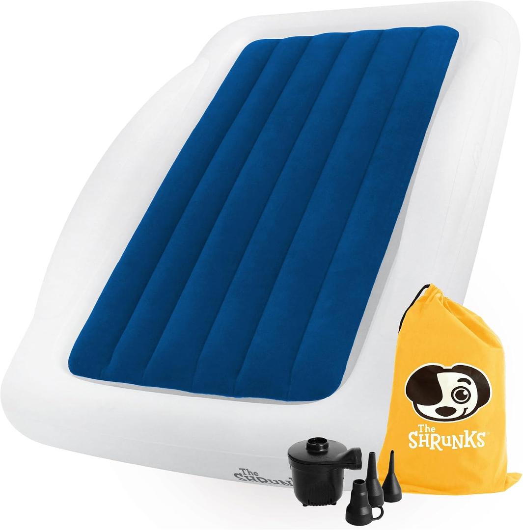 The Shrunks Toddler Travel Bed Portable Inflatable Air Mattress Blow Up Bed for Indoor/Outdoor Camping, Backyard, Hotel, or Home Use Kids/Toddler Floor Bed with Side Bed Rails and Electric Pump Blue