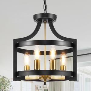 HOXIYA Farmhouse Chandelier, Adjustable Height Pendant Light Fixture, Convertible Semi Flush Mount Ceiling Light, 4 Light Modern Black and Gold Chandeliers for Dining Room Kitchen Foyer Entryway