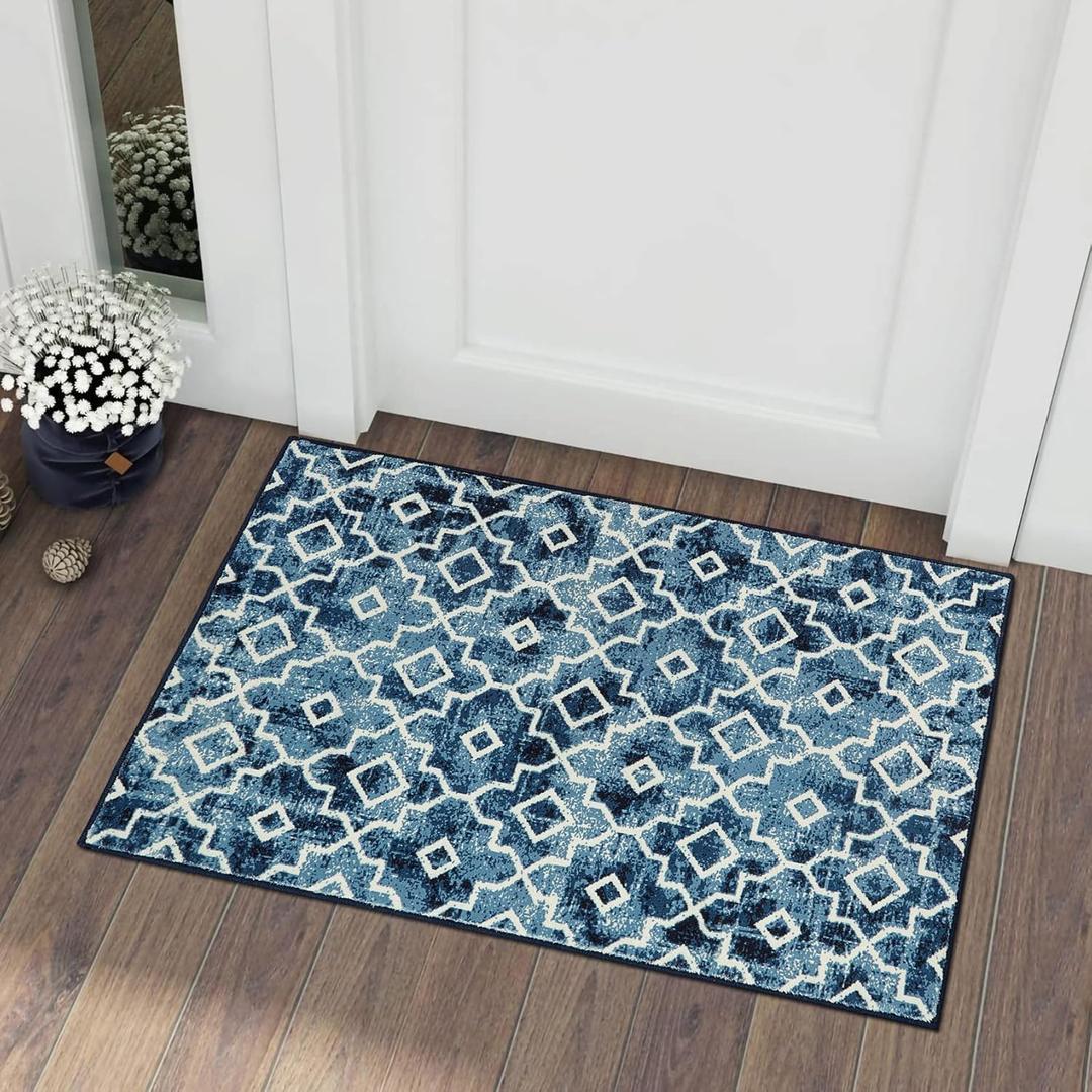 Wonnitar Moroccan Washable Area Rug - Small 2x3 Entryway Rug Poster Blue Non-Slip Kitchen Sink Mat Modern Geometric Trellis Throw Rug Floor Carpet for Bathroom Entrance Laundry (Post Blue,2'x3') (2' x 3')