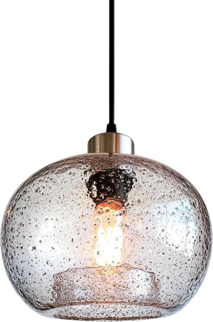 CASAMOTION Pendant Lighting Handblown Glass Drop Ceiling Lights, Modern Rustic Hanging Light Clear Seeded Glass with Black Marble, Brushed Nickel Finish 8.7 Inch Diameter