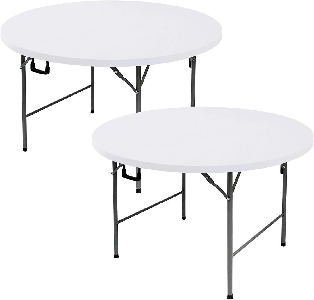 Fitted Round Table Covers 60 Inch-2 Pack White Elastic Spandex Table Cloth-Small Stretch Folding Circle Tablecloths Topper Cap for Kitchen Dining Commercial Party Picnic Event Banquet Tables