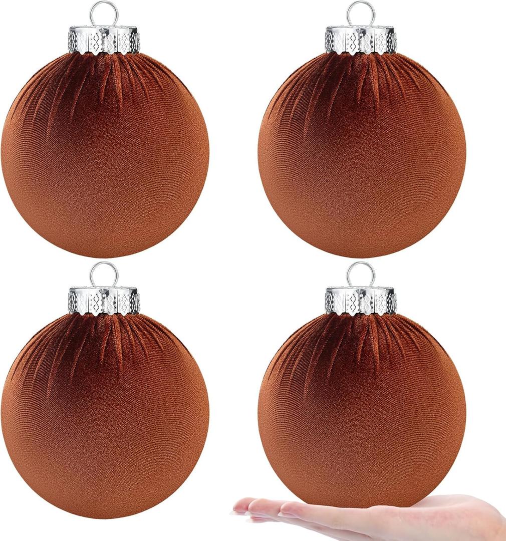 6 Inch Large Velvet Christmas Tree Balls 4 Pcs Christmas Ornaments Decorations Neutral Hanging Decor Flocked Balls for Xmas Home Indoor Decor (Brown)