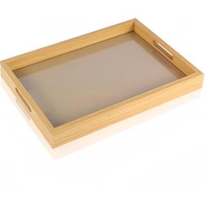 Rattan Rectangular Service Trays, Leather Surface Tray Food Drinks Tray,with Handles for Coffee Table, Breakfast, Dinner & Bar,Kitchen,Party15.311.51.8inch