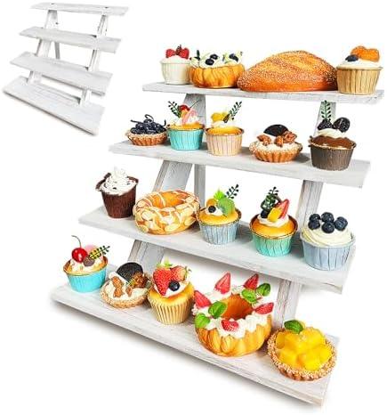 Umgozrz Wooden Cupcake Stand 4 Tier White Cupcake Stand Rustic Wood Cake Stand for 24 Cupcakes Wedding Cupcake Display