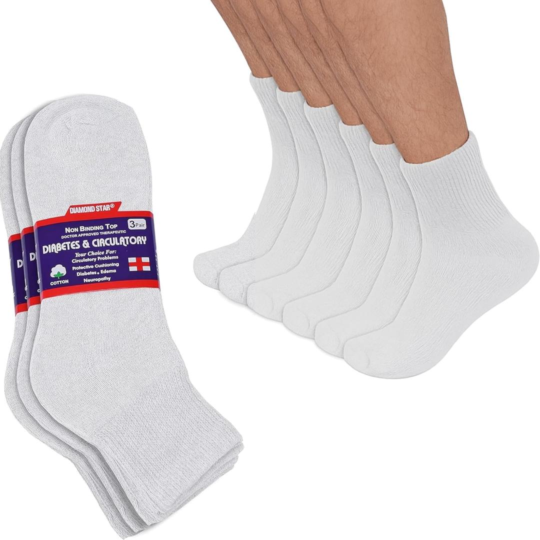 Diamond Star Diabetic Ankle Socks for Men and Women, Non Binding Cushioned Cotton Socks for Sensitive Feet Care (9-11, 3 Pack White)