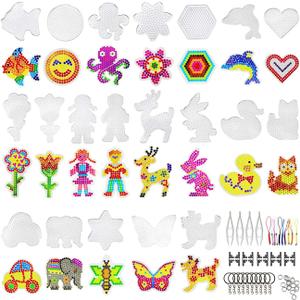 Hifunwu 20 PCS 5mm Fuse Beads Boards Clear Plastic Fuse Beads Pegboards with 20 Colorful Cards, 4 Tweezers, 10 Hang Ropes, 10 Keychains, 20 Small Hoops and 10 Holders for Kids DIY Craft Beads