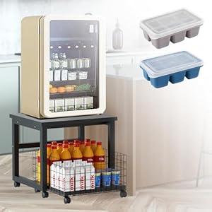 Mini Fridge Stand with Storage Basket, Mobile Refrigerator Stand, Rolling Compact Fridge Cart with Wheels, Heavy Duty Fridge Beverage Table for Home, Office, Dorm - White, Includes 2 Ice Cube Trays