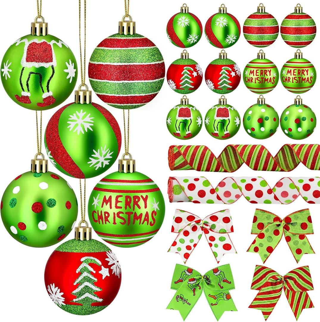 Christmas Tree Ornaments, 18 PCS Christmas Decorations Set with Red and Green Hanging Balls & Christmas Bows & Ribbon, Shatterproof Bulbs for Navidad Tree Decor and Holiday Party