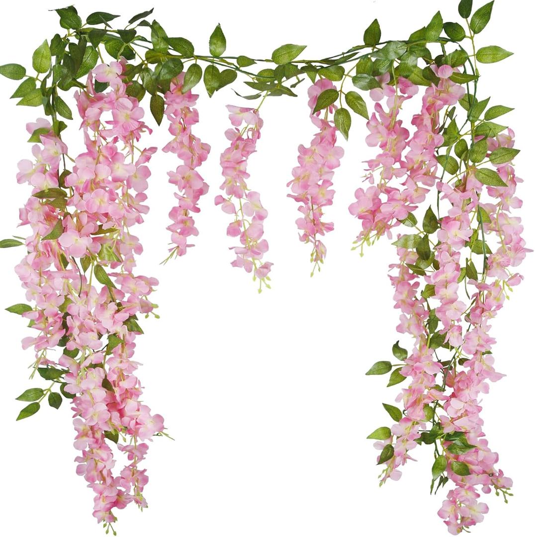 CISDUEO 2 Pcs Wisteria Hanging Flowers Wisteria Flowers Vine Garland Wedding Arch Decoration Pink Artificial Wisteria Vines Hanging Flower Vines Silk for Party Garden Home Table Backdrop 6 Feet
