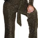 LightlyKiss Women Casual Sexy V Neck Sparkly Jumpsuits Long Sleeve Onesie Loose Pants Party Clubwear with Belt (Medium, Gold)