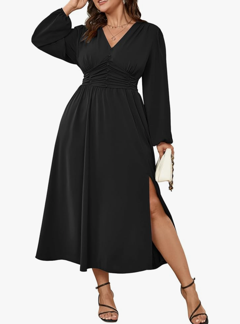 SHESTARR Womens Plus Size Wedding Guest Cocktail Maxi Dress Long Sleeve Elastic Waist V-Neck A-Line Side Slit Flowy Dresses EmeraldGreen 4XL