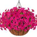 INSPRING Artificial Fake Hanging Flowers Plants Baskets for Outdoors, UV Resistant Outdoor Hanging Faux Silk Petunias in Planter Look Real Morning Glory for Outside Patio Porch Balcony Garden, Fuchsia