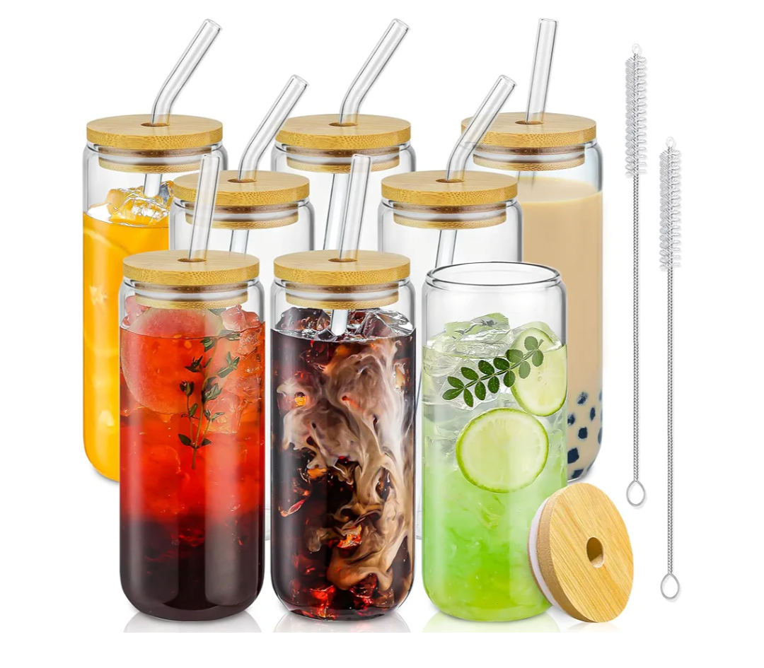 20 Oz Drinking Glasses with Bamboo Lids and Glass Straw - 8 Pcs Glass Cups Beer Ice Coffee Glasses Cute Aesthetic Cup Great for Coffee Bar Accessories Include 2 Cleaning Brushes