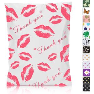 JinRuiKJ Thank You Poly Mailer 6x9 - 100 Pack - Strong Thick Self Adhesive Mailing Bags - Cute Packaging Bags for Small Business - Red Lips Printed