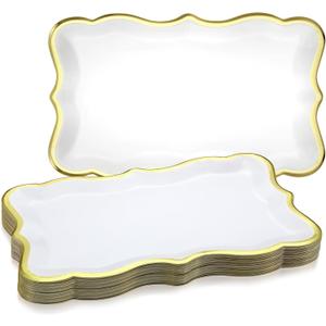 Havawish 24 Pcs 9" x 13" Gold Disposable Paper Serving Trays and Platters Food Platters for Parties White Trays Cupcake Platter Bandejas Decorativas para Fiestas for Birthday Party Weddings