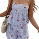 GORGLITTER Women's 2 Piece Cute Summer Outfits Gingham Cherry Tie Back Babydoll Tops Boxer Shorts Sets Blue Multicolor Large