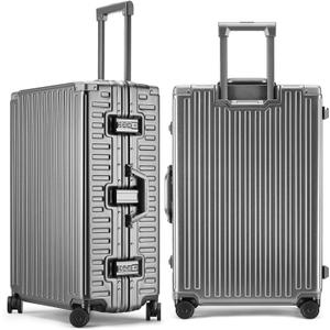 ROAMING Zipperless Luggage 26 Inch with Aluminum Frame, Checked-Large Lightweight 3-Layer PC Hard Shell Suitcase with Spinner Wheels, Metal Travel Luggage with Three TSA Locks, gray