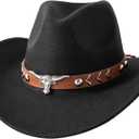 JOYEBUY Western Cowboy Hat for Kids Boys Girl Classic Roll Up Fedora Hat with Buckle Belt (6-10 Years, Black)