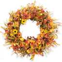 JINGHONG 28 Inch Large Fall Wreaths for Front Door Artificial Fall Wreath Floral Autumn Wreath with Colorful Daisies Fall Foliage for Indoor Outside Door Harvest Festival Thanksgiving Day Celebration