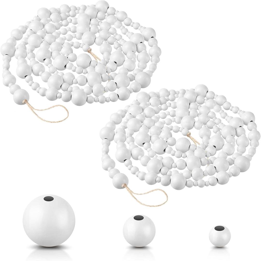 2 Pcs 16.4 Feet Christmas Wood Bead Garland Rustic Christmas Wooden Beads Decorative Tree Wooden Beaded Garland Decor Farmhouse Boho Ornaments for Xmas Decoration Supplies(White)