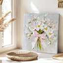 Bow Floral Canvas Wall Art Farmhouse Aesthetic Flower Poster Print Pink and White Coquette Picture Abstract Eclectic Bouquet Painting Preppy Artwork Wall Decor for Living Room Bedroom 16x16in Framed