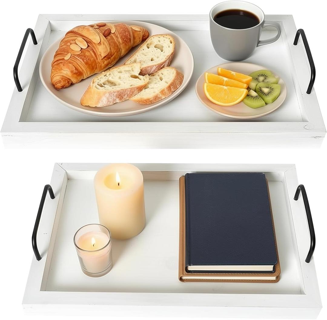 Besti Rustic Vintage Food Serving Trays (Set of 2) | Nesting Wooden Board with Handles | Stylish Farmhouse Decor Serving Platters | Large: 15 x2 x11 - Small: 13 x2 x9 inches (Rustic Off White)
