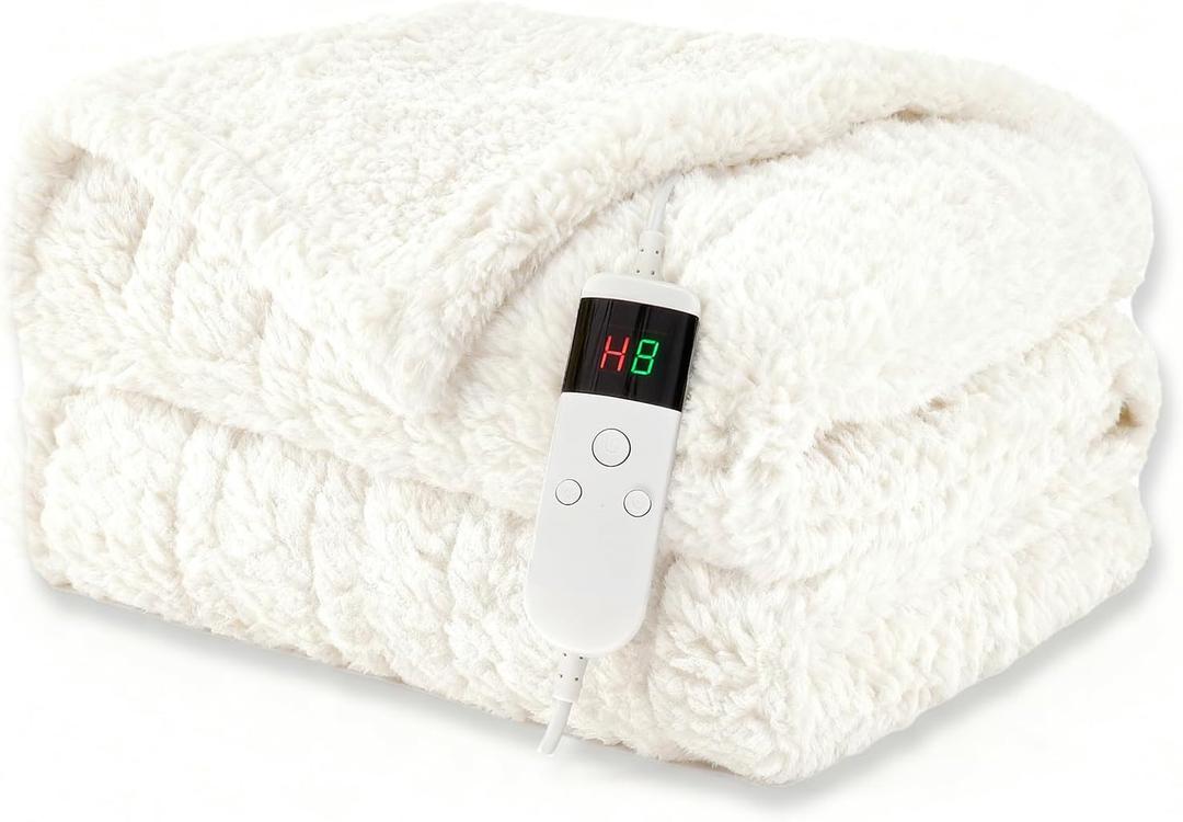 Heated Blanket Heated Throw, Electric Blanket 50"x60" Heating Blanket with 8 Hours Auto Off 10 Fast Heating Levels Machine Washable Sherpa Heated Blanket with Overheating Protection, White